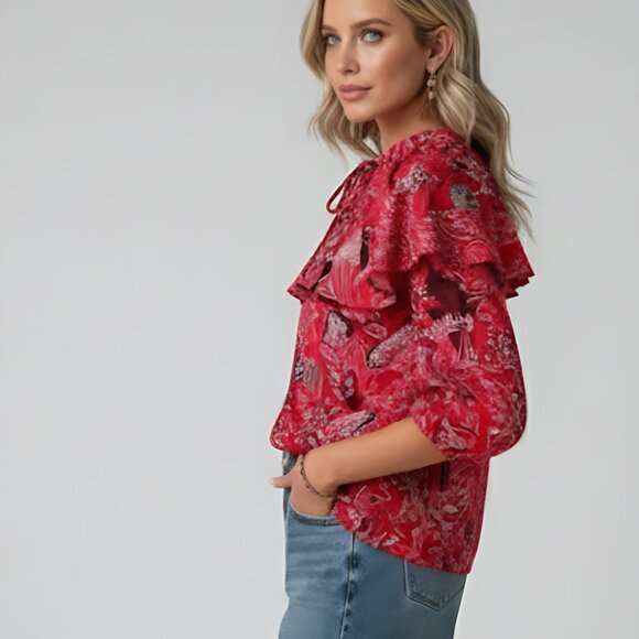 Paisley & Floral Print  Lace Up Front Ruffle Trim Blouse - Picture 4 of 4